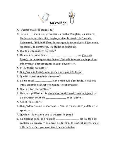 French Teaching Resources Role Play & Battleships: School. Au collège.