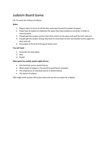 Judaism Game Board for revising the History of Judaism - Tenakh and Modern Jewish History