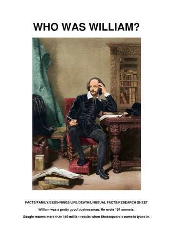 WILLIAM SHAKESPEARE - LESSON STARTER/RESEARCH AND RESPOND