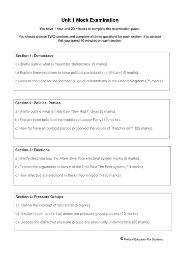 A Level - Mock exam and answers | Teaching Resources