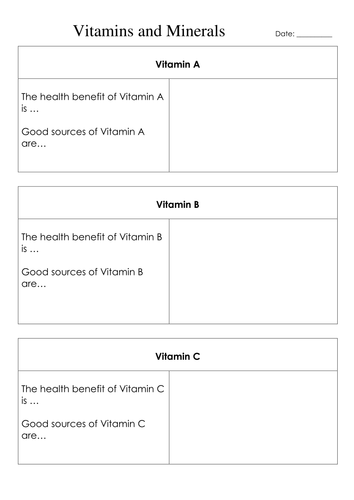 Vitamins and Minerals - Make your own Flashcards