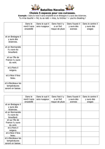 French  Teaching Resources: Weather Matching Cards & Battleships.