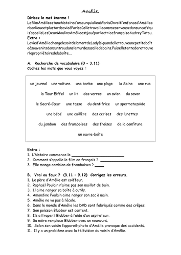 French Film Teaching Resources: Amélie Worksheets. by rachelburman ...