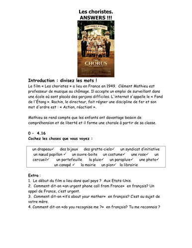 French Teaching Resources Film Worksheet Les Choristes