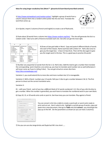 Ideas for using longer MFL vocabulary lists