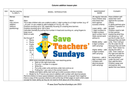 Column Addition Worksheets, Lesson Plans, Presentation, Success Criteria, Guide and Plenary