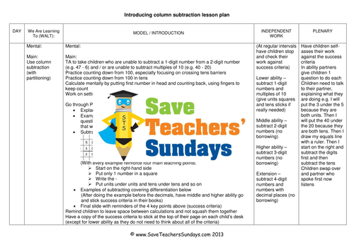 Expanded Column subtraction Worksheets, Lesson Plans, Presentation, Success Criteria & Plenary