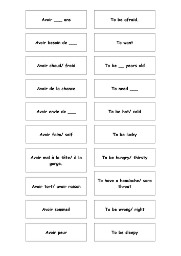 French - English Matching Cards: Expressions with Avoir Teaching Resources.