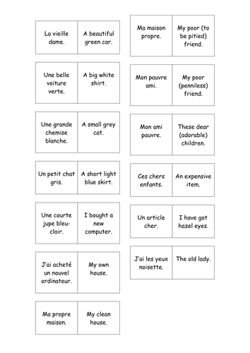 GCSE / AS Level French Adjectives Teaching Resouces: English - French Dominoes
