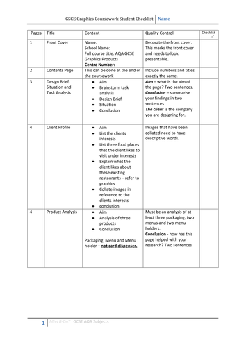 Student Checklist for Coursework GCSE Graphics