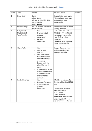 Student Checklist for Coursework Product Design