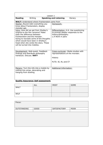 DETAILED FRANKENSTEIN SCHEME OF WORK- can we used for any version, including Phillip Pullman's. 