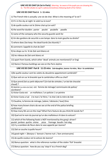 'Une Vie de Chat' - 'A Cat in Paris'  French Film Worksheet