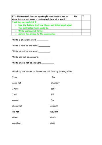 Year 2 SPAG style test for contracted forms