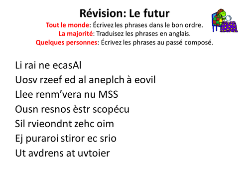 French Teaching Resources. The Future Tense Unjumbling Warmer Activity.