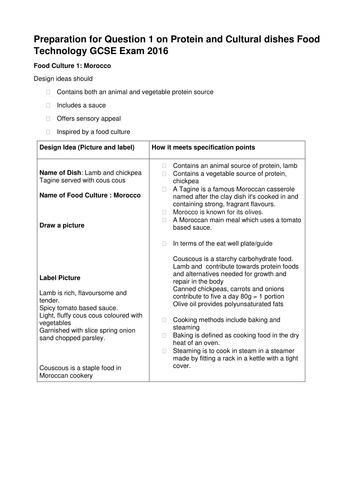 High Protein and Cultural Dishes Food Technology GCSE Exam Prep 2016