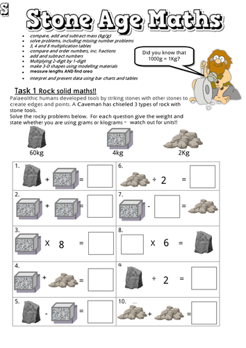 stone age themed maths booklets with answers teaching resources