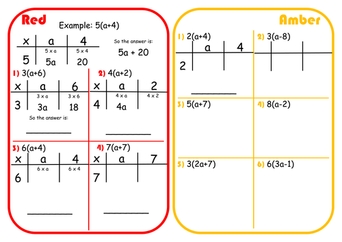 Expanding Single Brackets Scaffolded Differentiated RAGE Sheet