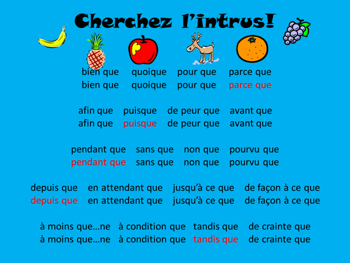 French Teaching Resources. The Subjunctive & Conjunctions: Odd One Out warmer and Matching Cards.