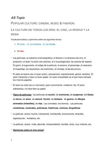 Vocabulary revision on the AS topic Popular Culture  (cinema, music and fashion)