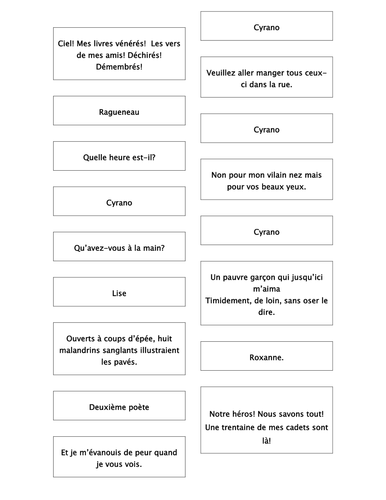 French Teaching Resources. Cyrano De Bergerac Act 1, 2, 3, 4 & 5 Matching Cards.