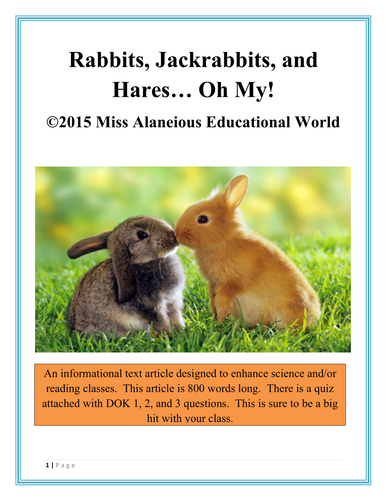 Informational Text Article: Rabbits, Jackrabbits, and Hares