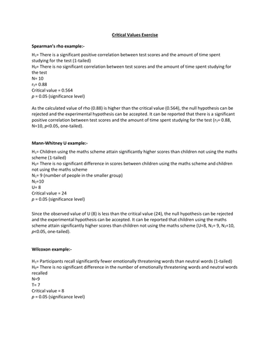 A2 Psychology Research Methods Critical Values Worksheet AQA