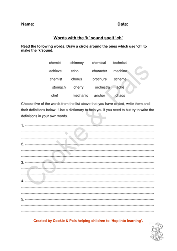 ch sounds k worksheet activity sheet teaching resources