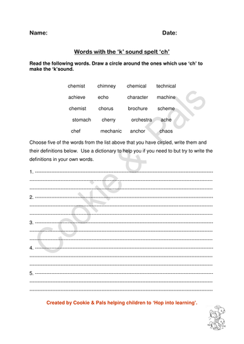 ch sounds k worksheet/activity sheet