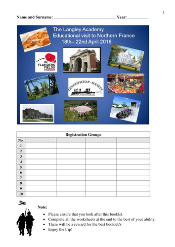French Battlefields (both WWI and II sites) and Cultural Field Trip Student Resource Pack