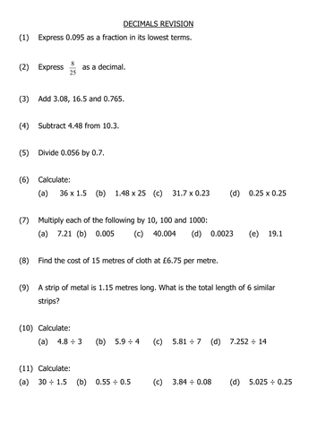 Decimals Revision | Teaching Resources