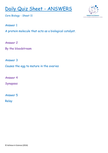 GCSE Core Science Daily Quiz Sheets 11-20