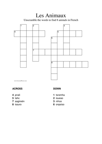 Simple anagram crossword on animals in French Teaching Resources