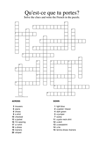 Clothes Crossword in French