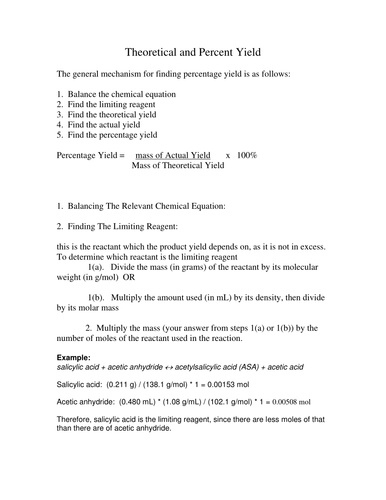 Theoretical and percentage yield