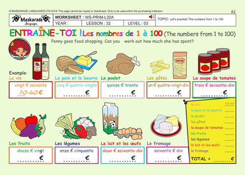 FRENCH (UNIT 5: FOOD): YEAR 5 & 6: Food shopping / Adding numbers up to 100/ European currency