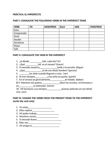 Imperfect Tense Spanish Worksheet Teaching Resources