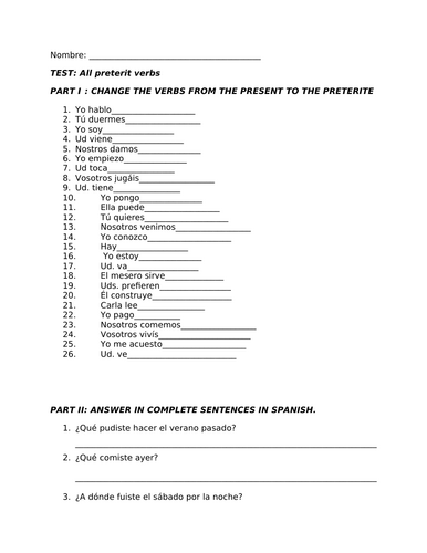 Preterit test all verbs Spanish