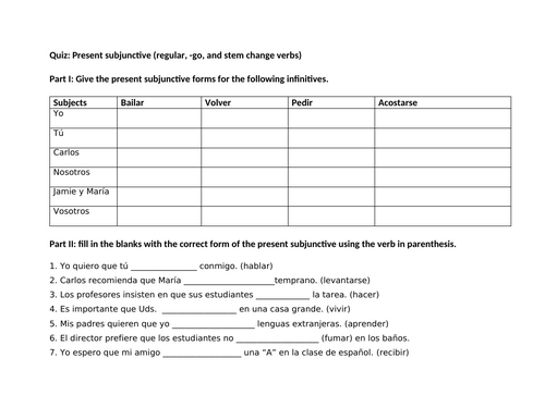 Present Subjunctive Spanish quizzes