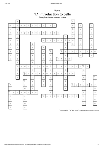IB Biology Topic 1 Cell Biology Crossword Puzzles