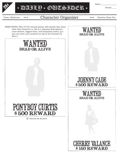 OUTSIDERS Character Organizer - Wanted Poster (by S.E. Hinton)