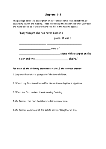 Narnia comprehension 2 page worksheet to review understanding of chapters 1-2