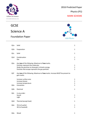 Core Physics (AQA P1 Foundation) Prediction Examination Paper for 2016 