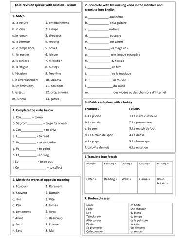 GCSE French revision quickie with solution - LEISURE 