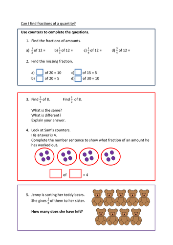 Writing fractions of amounts (concrete)- fluency, reasoning and problem solving