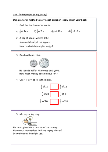 Writing fractions of amounts (pictorial)- fluency, reasoning and problem solving