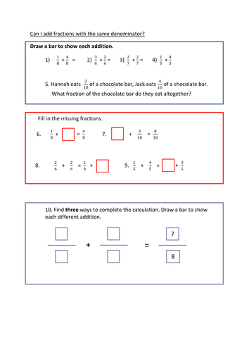 Adding fractions- same denominator- fluency, reasoning and problem solving