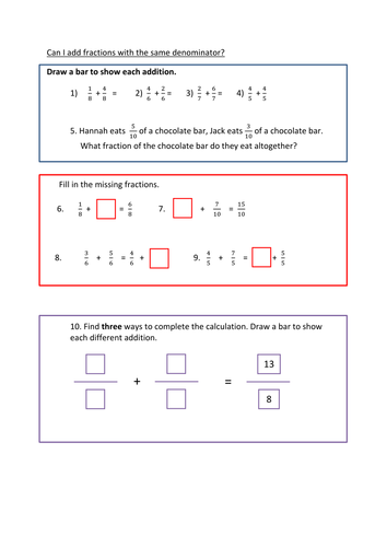 Adding fractions- same denominator more than one- fluency, reasoning and problem solving