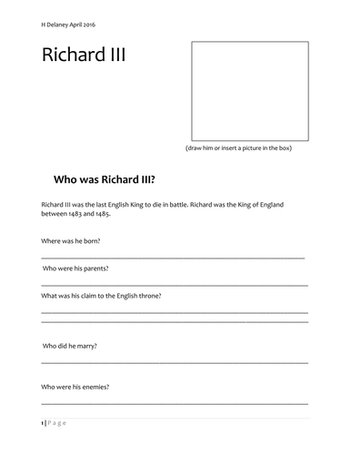 Richard III and Henry VII context, worksheets, test and activities.
