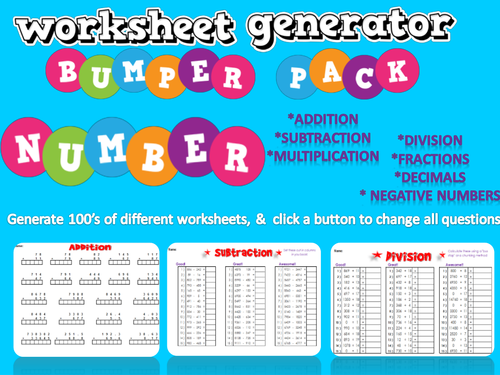 Mixed Number Worksheet Generator - 12 different topics of worksheets